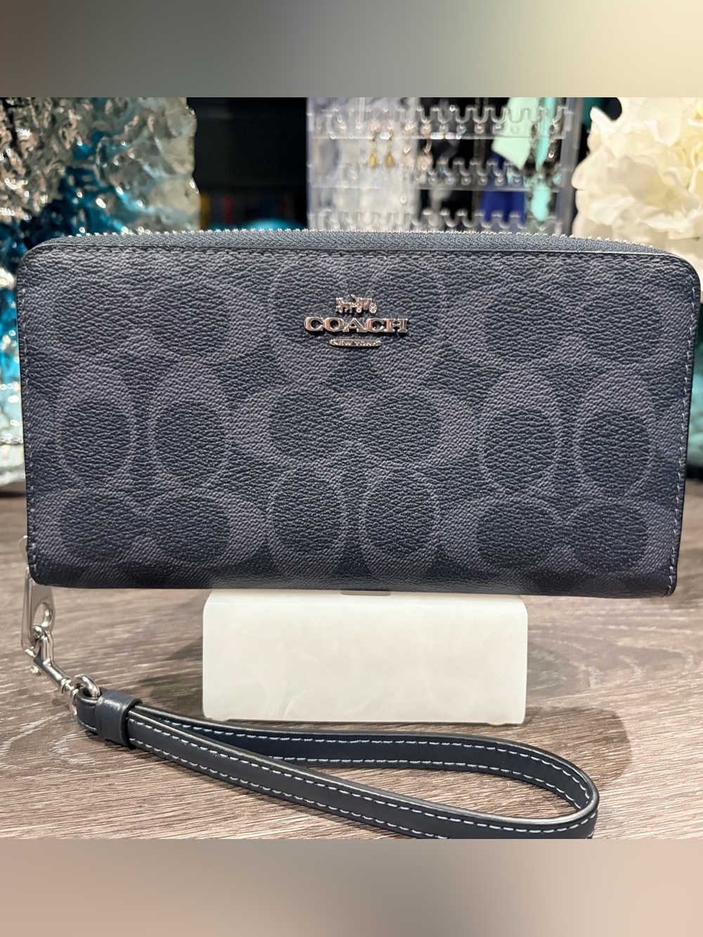 Coach Navy Signature Zip Wallet Wristlet with Logo